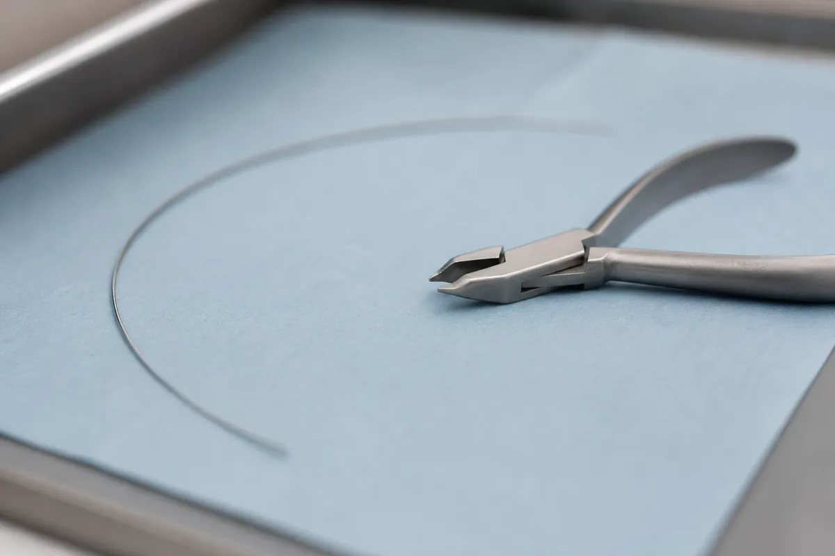 A stainless steel orthodontic archwire and small pliers on a sheet of pale blue paper