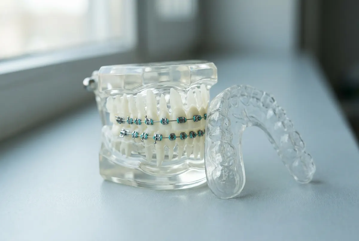 Teaching model of teeth with braces beside a clear mouthguard shaped to fit over them