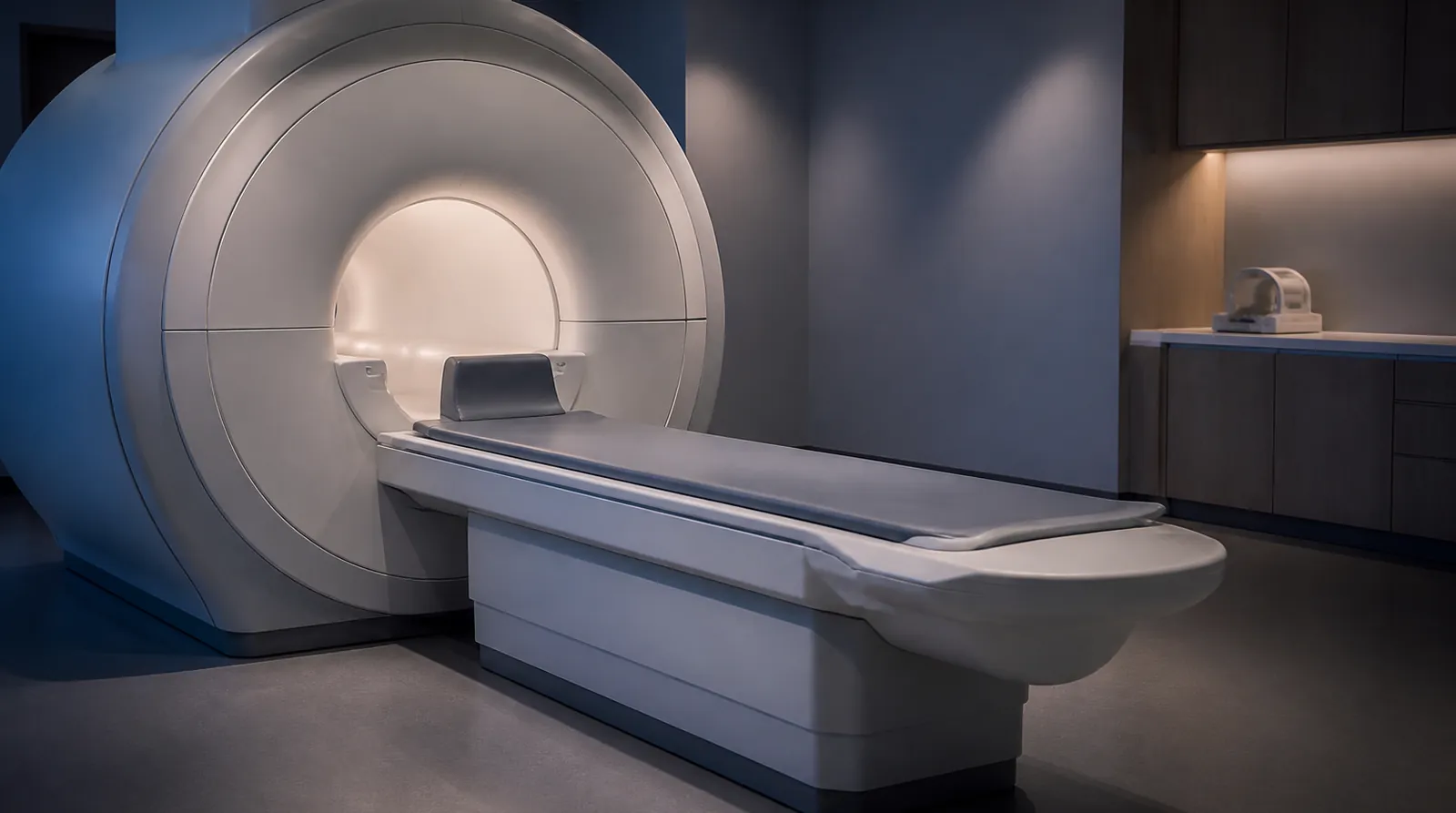 Empty hospital MRI scanner room with the patient table slid out of the scanner bore in soft blue light