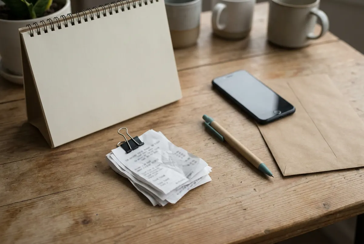 Binder-clipped receipts, a blank desk calendar, a pen and an envelope on a wooden desk