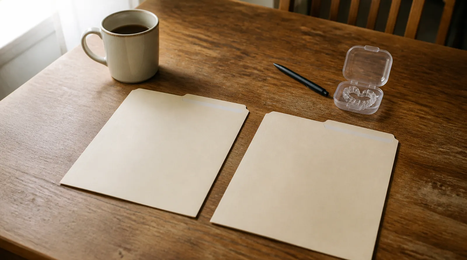 Two blank manila folders, a pen, a clear retainer case and a mug on an oak kitchen table in morning light
