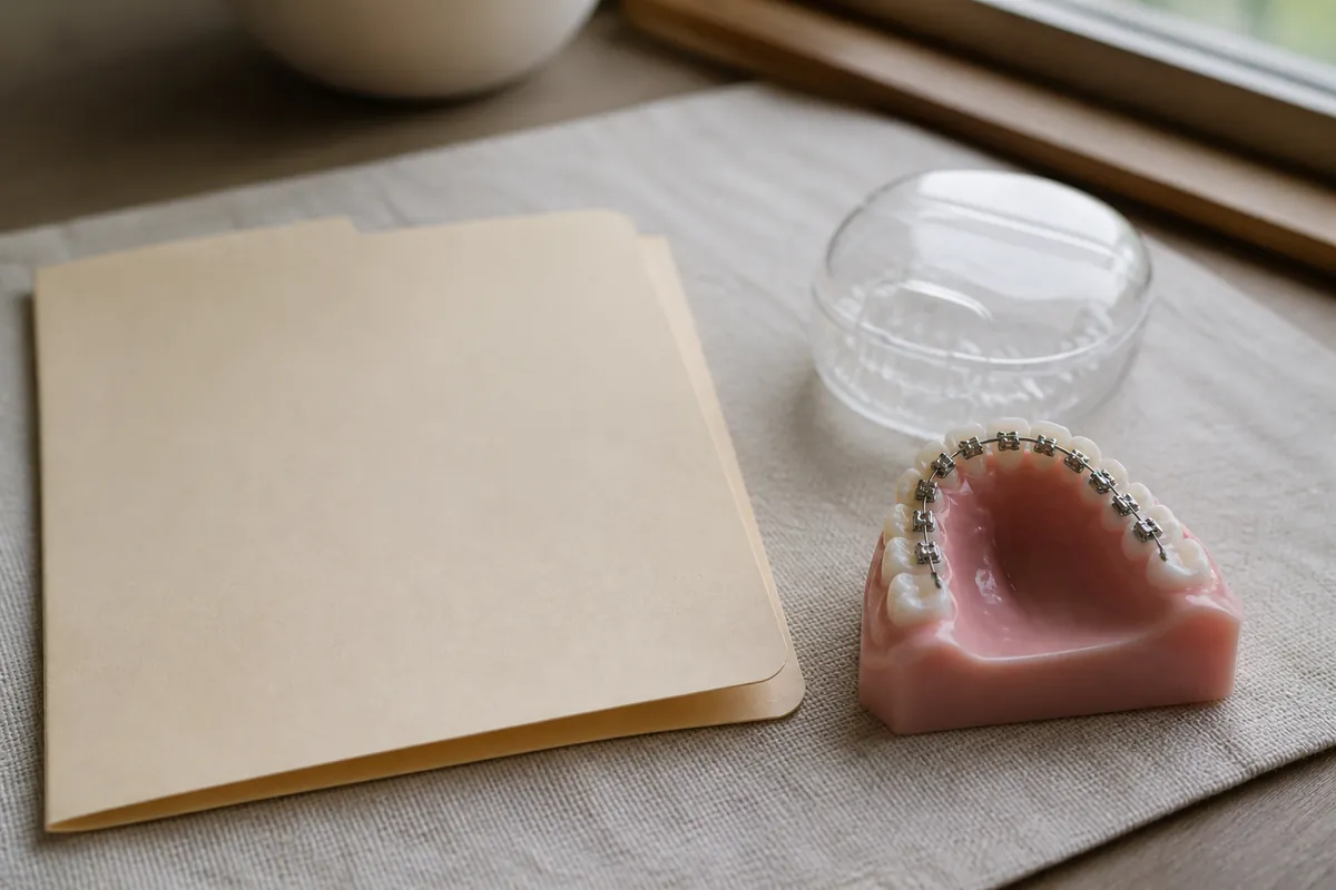 A closed manila folder beside a clear retainer case and a teaching model of upper teeth with metal braces