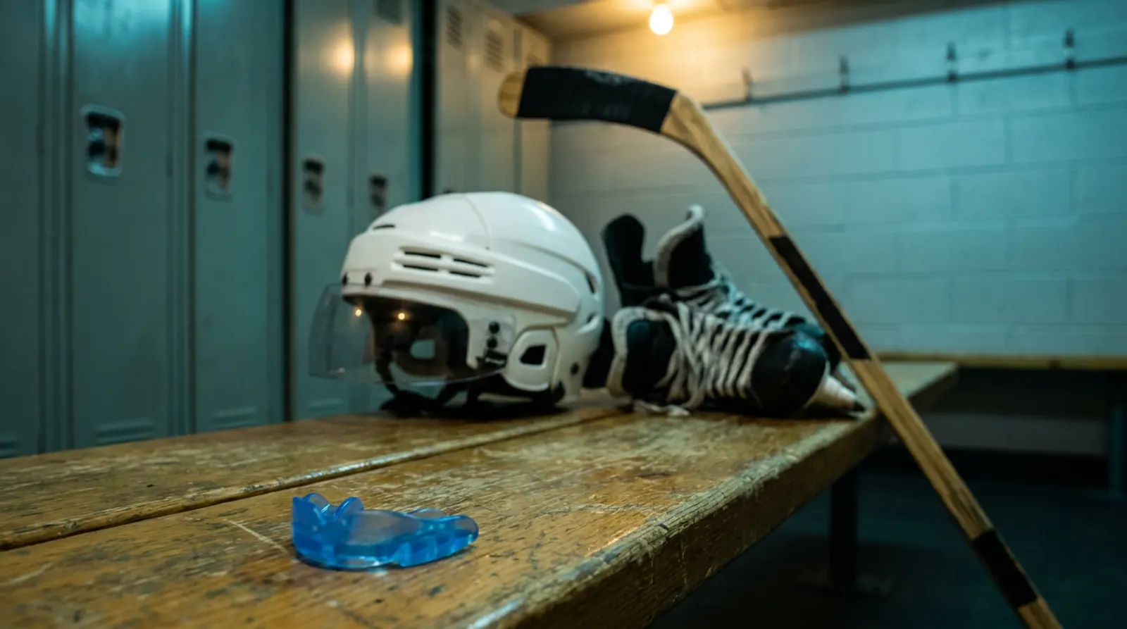 Blue sports mouthguard on a worn bench in a community arena dressing room beside a helmet, skates and stick
