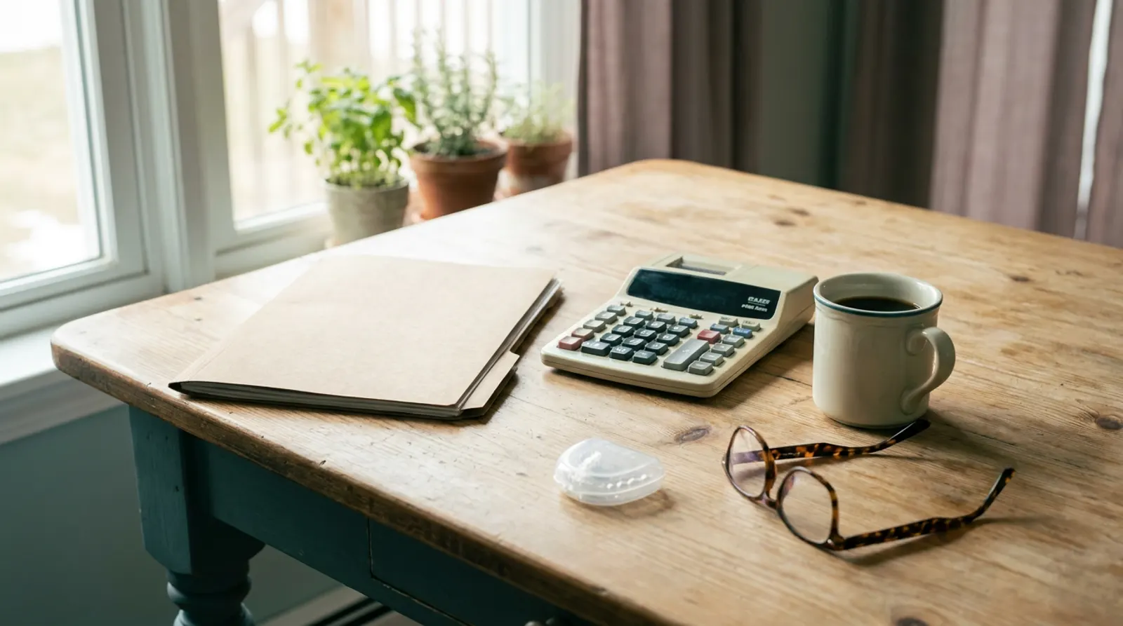 Kitchen table with a folder, calculator, coffee and a retainer case, set up to sort out the cost of braces