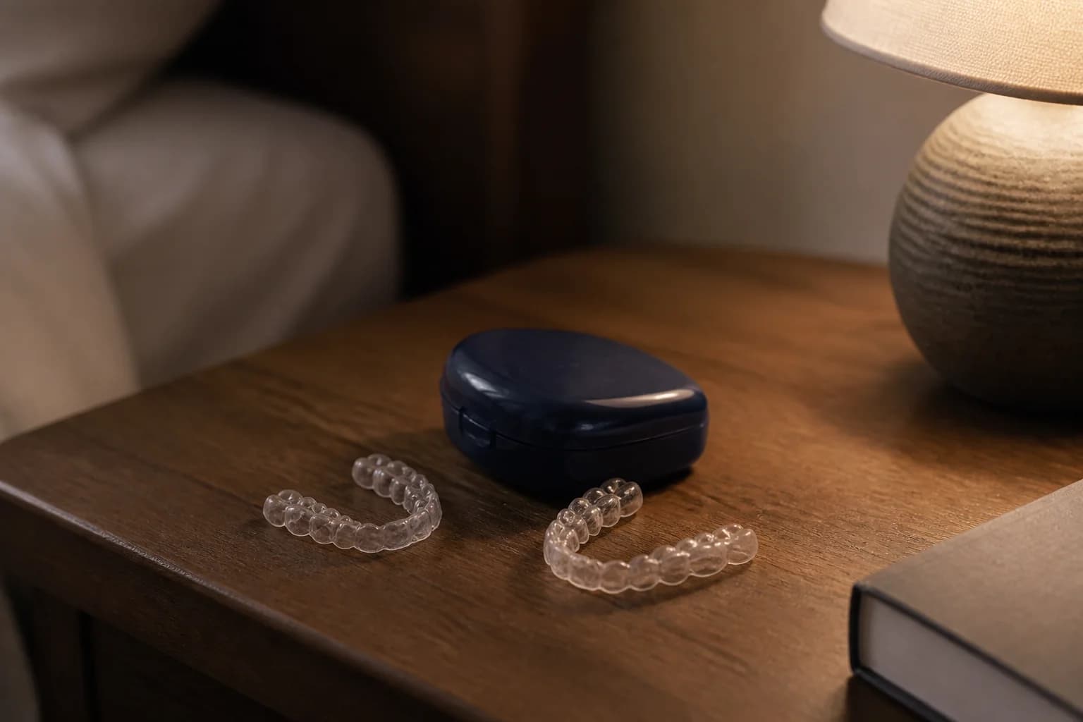 Clear retainers resting beside an open case on a bedside table for night wear