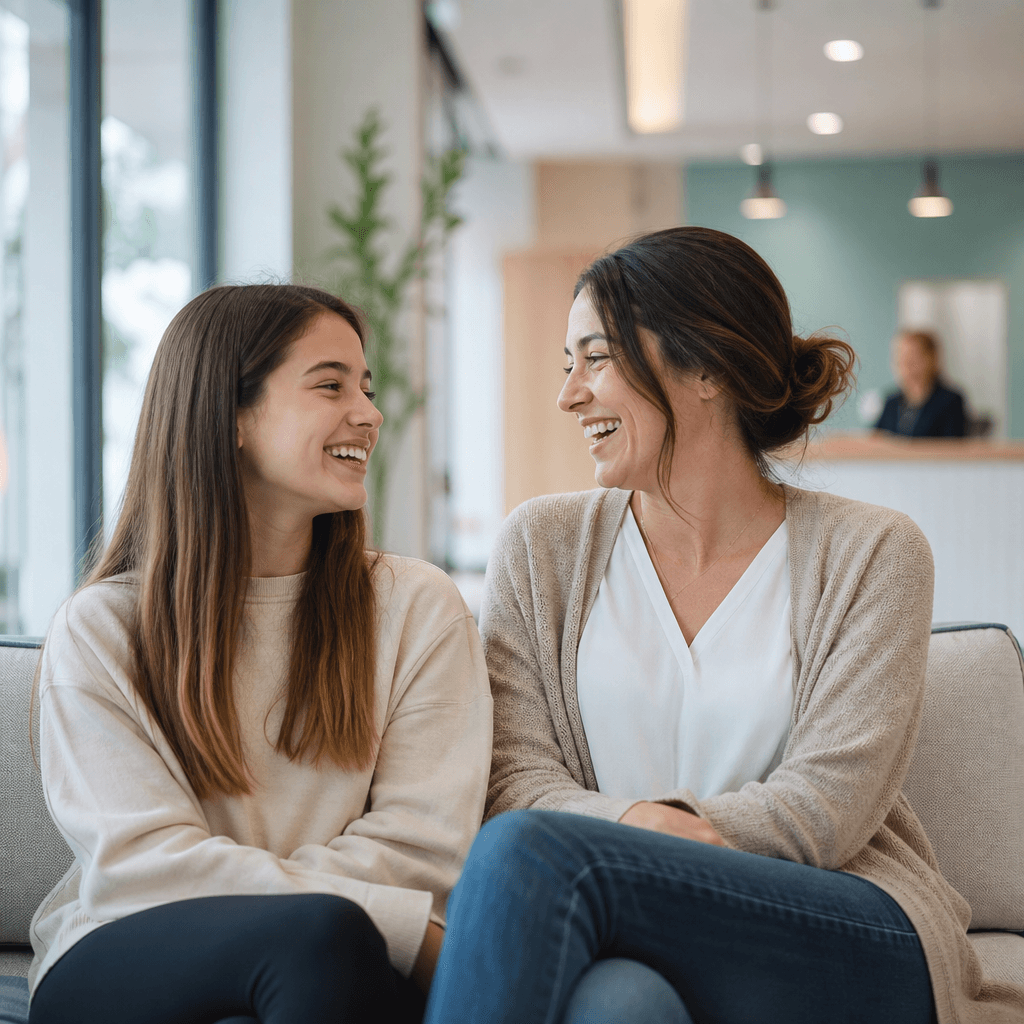 Parent and teen smiling together at Oasis Orthodontics