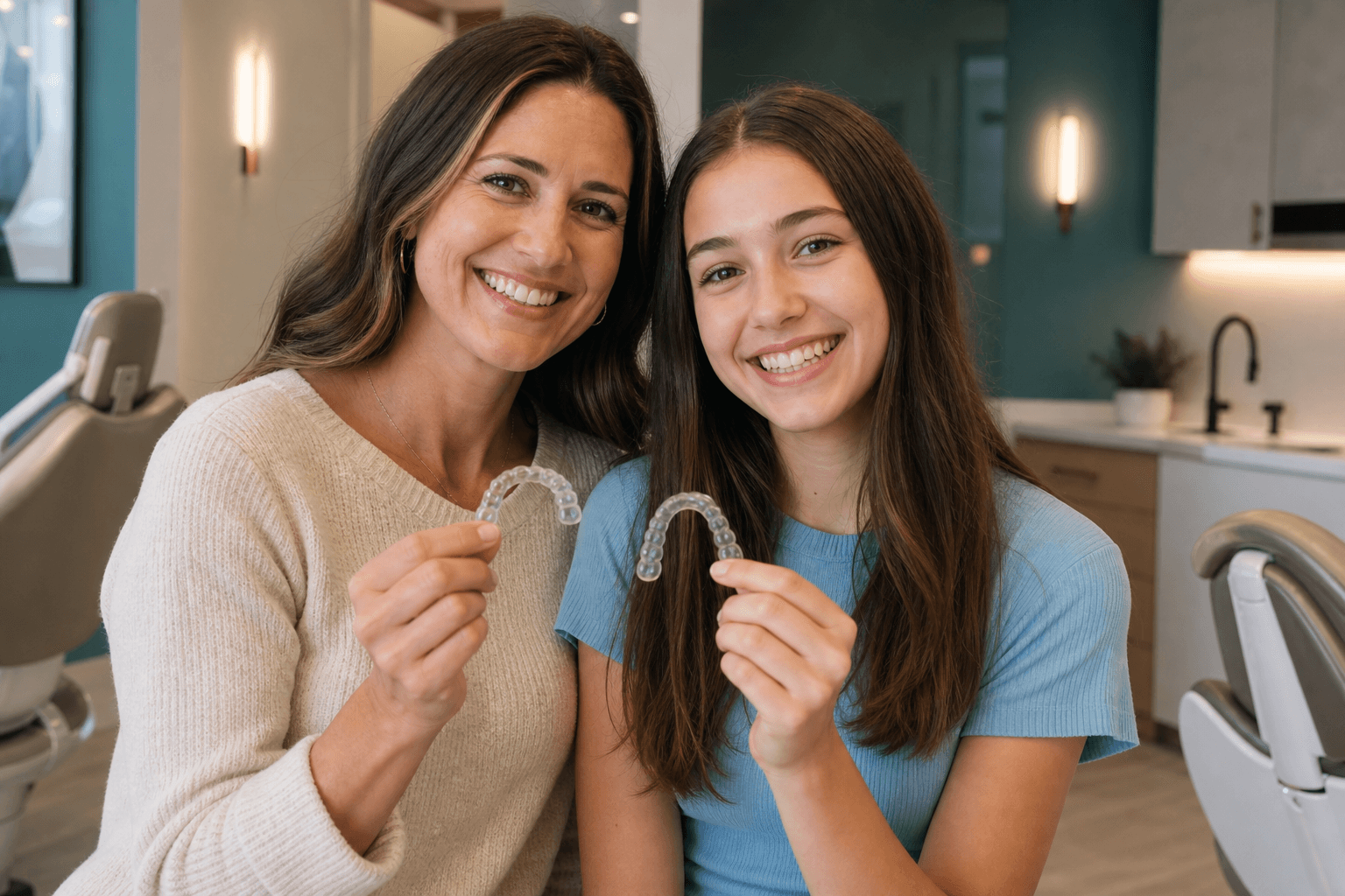 Parent and teen smiling with retainers at Oasis Orthodontics