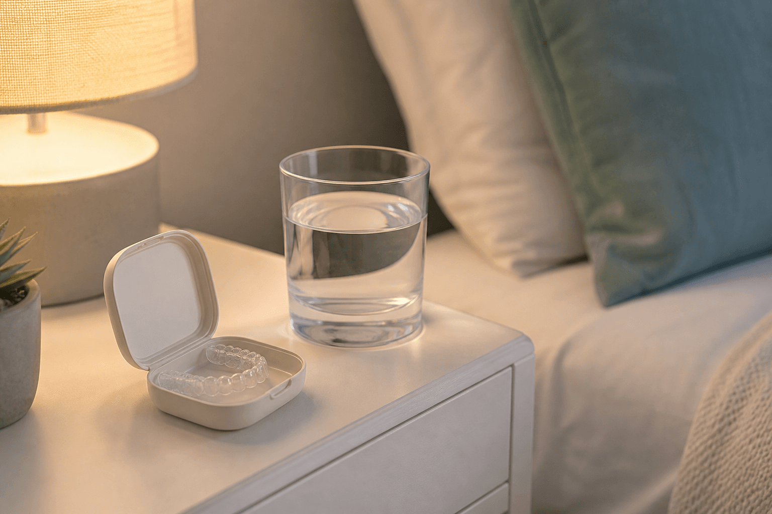 Clear retainer on a bedside nightstand next to a glass of water