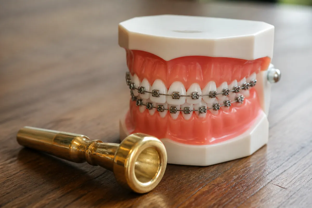 Brass trumpet mouthpiece next to a teaching model of upper and lower teeth with metal braces and a wire