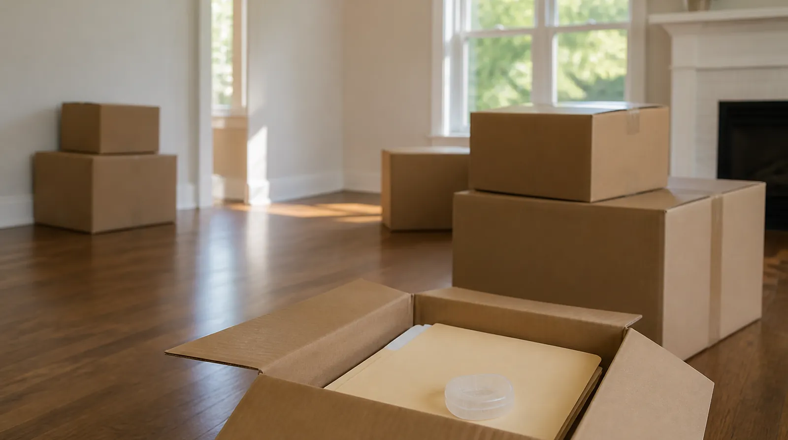 Sealed cardboard boxes in a bright empty living room with an open box holding a manila folder and a clear retainer case