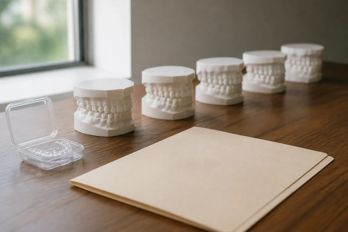 Plaster dental study models beside a manila folder and a clear retainer case on a wooden desk