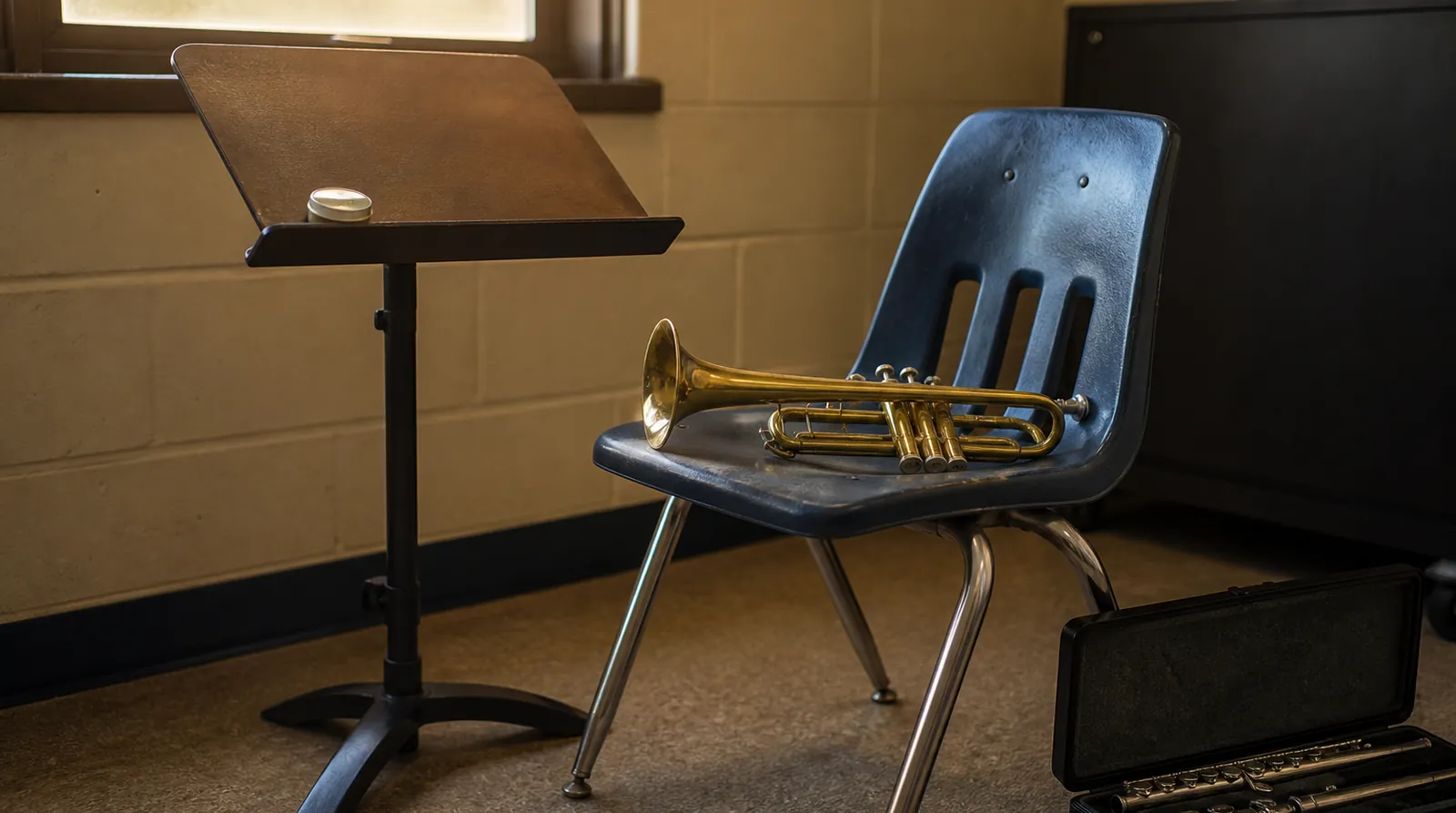 Brass trumpet on a worn chair in a school band room beside an open flute case and a tin of orthodontic wax on a music stand